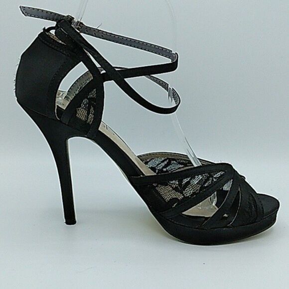 DEB Heels Shoes Size 8.5 Black Open Toe Strappy Lace Fabric - Picture 3 of 15